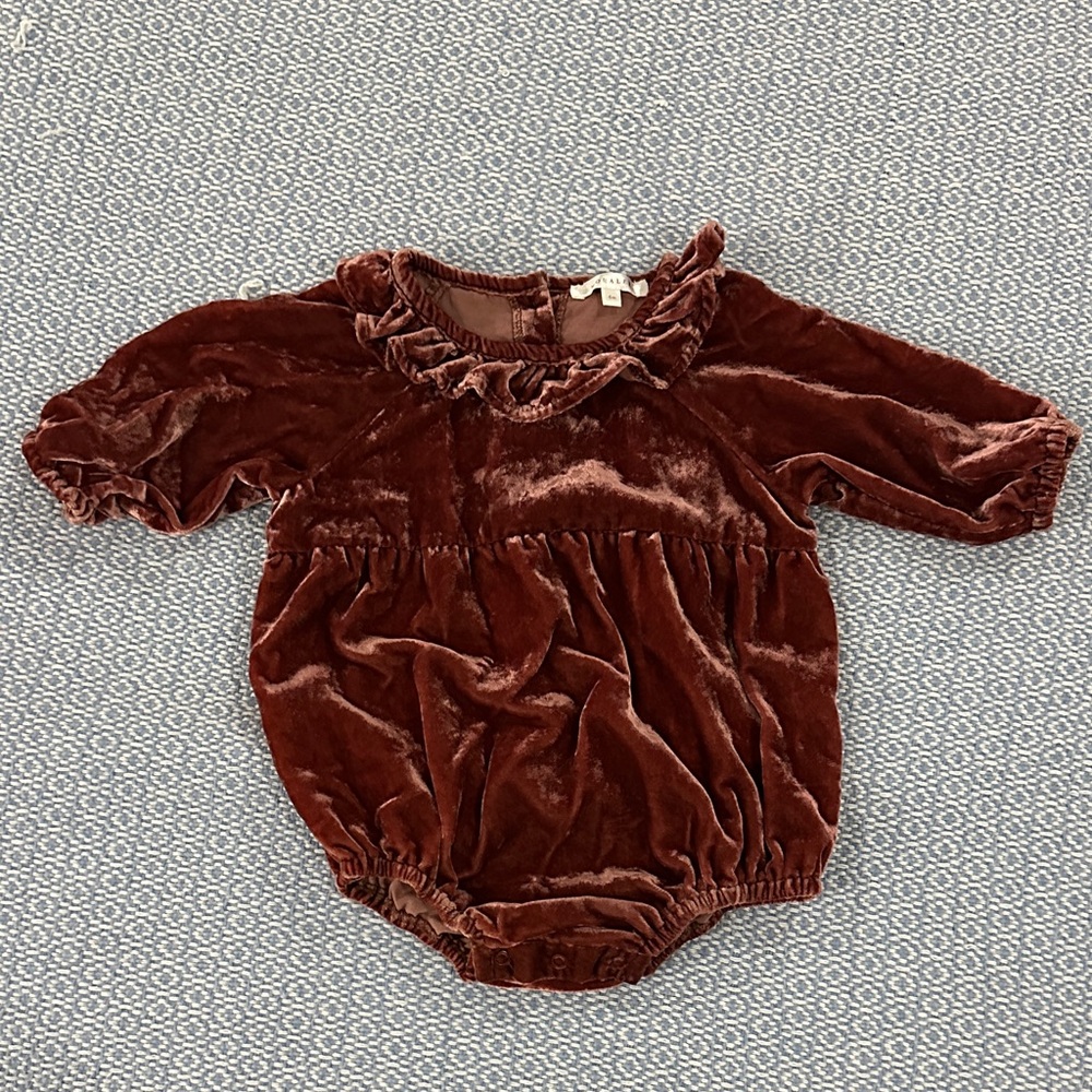 Noralee Velvet Ruffle Collar Baby Romper in Deep Brown/Red
